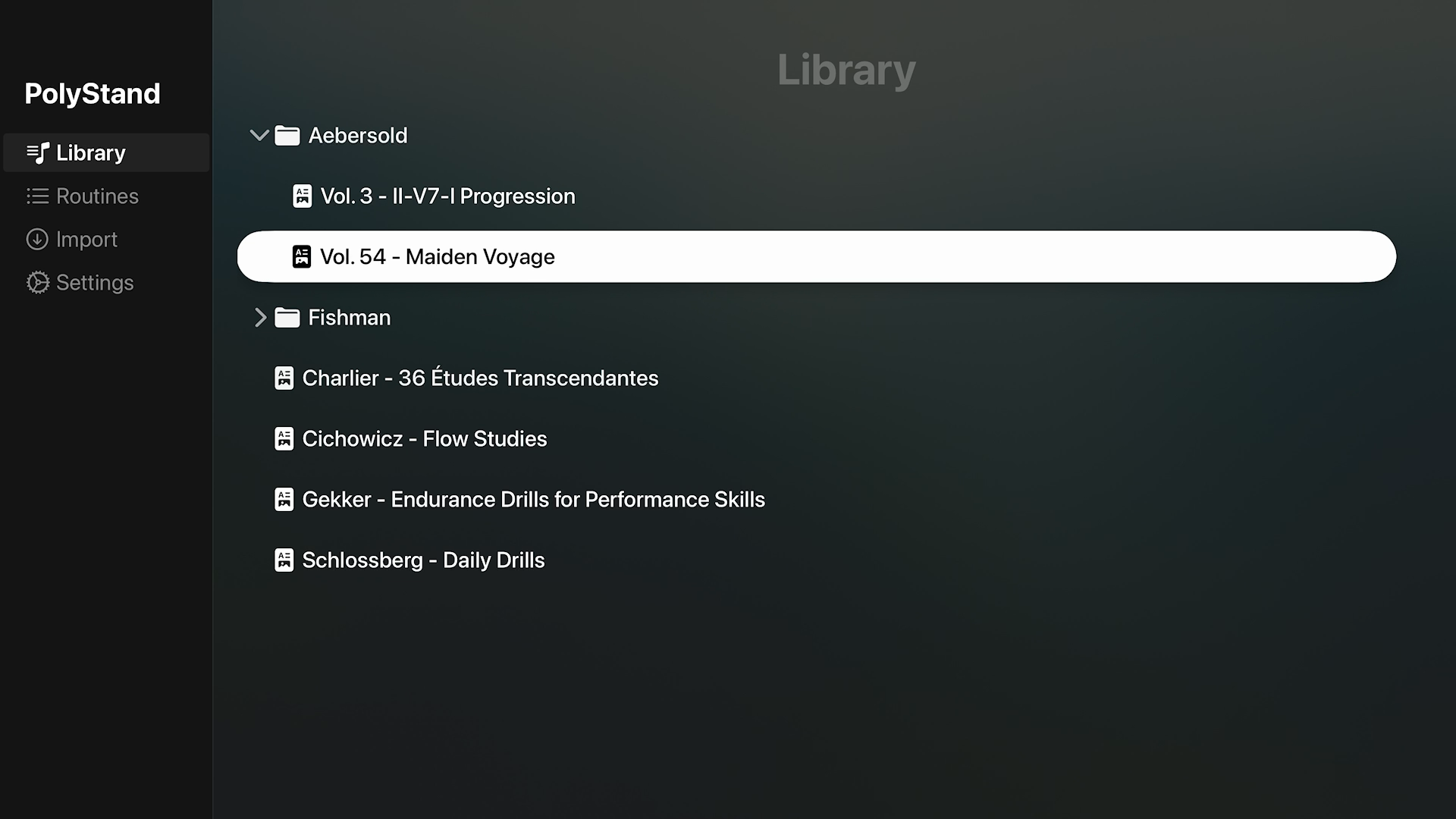 PolyStand library view showing sheet music organized by collection