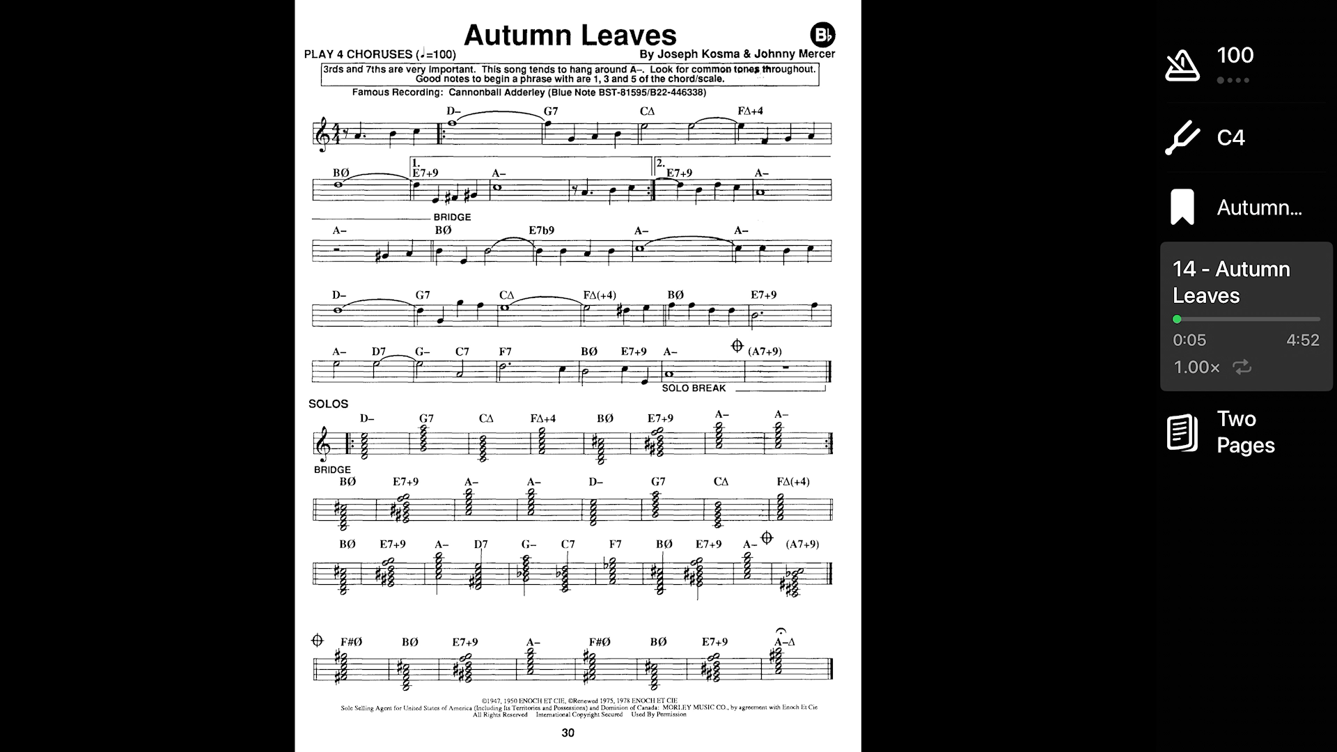 PolyStand playing Autumn Leaves with backing track and score visible